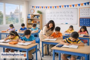 Teacher guiding students during handwriting improvement class in Bangalore at HandwritingAone.com classroom training centre
