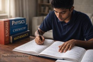 PUC student practicing handwriting improvement and writing speed training for 11th and 12th standard exams at HandwritingAone.com