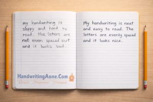 Example of poor handwriting vs neat handwriting for primary school students learning handwriting improvement at HandwritingAone.com