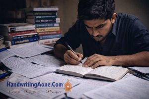 UPSC aspirant studying late at night writing notes while preparing for civil services examination