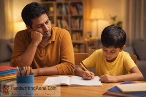 father observing young child writing homework in notebook at home study table