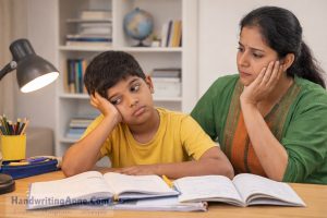child looking bored while studying at home showing lack of interest in studies explained by HandwritingAone.Com