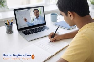 Student learning English print handwriting and improving writing speed during a live online handwriting class at HandwritingAone.com