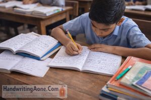 school student writing notes quickly in classroom showing how handwriting becomes messy in higher classes explained by HandwritingAone.Com