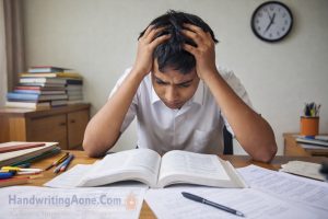 student feeling stressed while studying for exams showing exam fear and academic pressure explained by HandwritingAone.Com