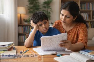 mother checking child notebook and worried about messy handwriting problem explained by HandwritingAone.com