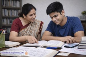 mother encouraging teenage student while studying and reviewing notebook together