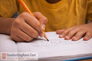 close up of child hand holding pencil writing words in lined notebook