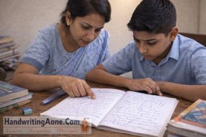 teacher reviewing student notebook and correcting handwriting mistakes