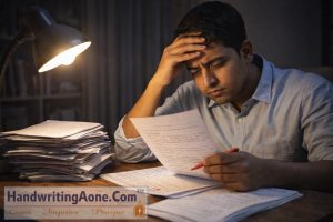 student studying late at night feeling stressed about exams and handwriting problems explained by HandwritingAone.Com