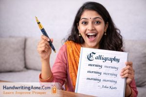 Student practicing English calligraphy lettering with a calligraphy pen during training at HandwritingAone.com Vijayanagar Bangalore