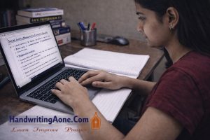 UPSC aspirant typing study notes on laptop during exam preparation