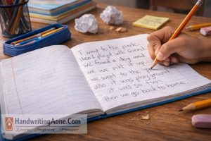 child writing short sentences in notebook while practicing handwriting