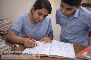 teacher correcting student notebook and correcting handwriting mistakes