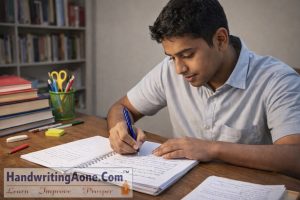 student practicing handwriting exercises in notebook to improve exam writing skills taught by HandwritingAone.Com