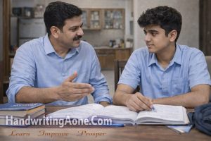 father motivating teenage student to focus on studies while sitting with books