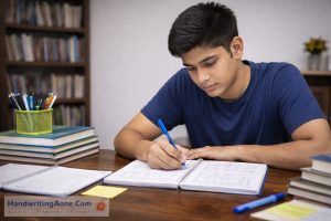 teenage student studying seriously with books and notes at desk