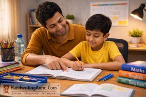 father smiling while helping child write homework in notebook