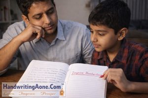 parent guiding child handwriting practice in notebook to avoid losing marks in exams