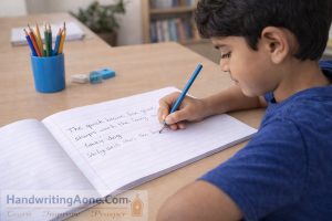 student writing daily handwriting practice sentences in notebook guided by HandwritingAone.com