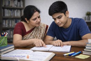 mother guiding teenage student while explaining lessons from notebook