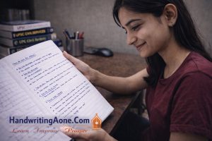 UPSC aspirant smiling while reviewing neatly written study notes