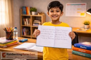 happy child showing notebook with handwriting homework completed