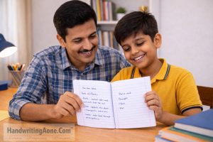 happy student showing neat study notes after improving handwriting skills from HandwritingAone.Com