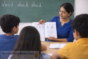 teacher showing handwriting letter formation exercises to students in classroom at HandwritingAone.com