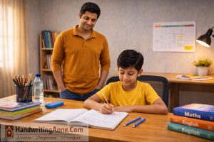 father standing behind child who is writing homework in notebook