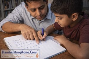 teacher guiding student to practice alphabet letter formation in handwriting training at HandwritingAone.Com