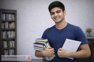 teenage student studying with organized books and notebooks on desk