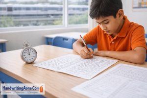 Student practicing neat handwriting with time practice exercise during handwriting speed improvement training in Bangalore at HandwritingAone.com