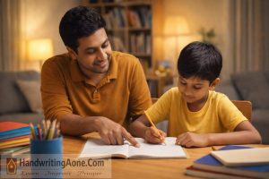 father helping child improve handwriting while pointing to notebook during study time