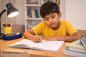 young student writing homework in notebook developing better study habits recommended by HandwritingAone.Com