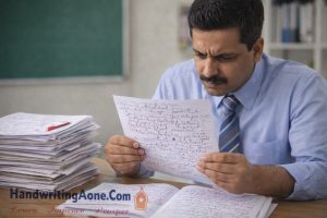 teacher reading messy handwritten exam paper showing how poor handwriting causes loss of marks explained by HandwritingAone.Com