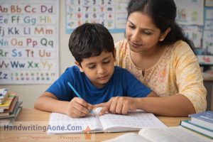 teacher helping student correct handwriting mistakes and letter formation during handwriting practice at HandwritingAone.com