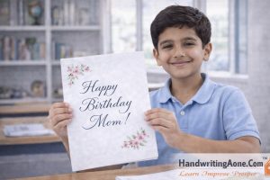 Young student showing beautiful English calligraphy handwriting on paper after practicing elegant lettering styles – HandwritingAone.com calligraphy course