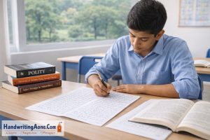 Student practicing neat handwriting for exam preparation during handwriting improvement course in Bangalore at HandwritingAone.com