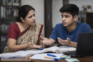 mother discussing academic performance and future goals with teenage student at study table