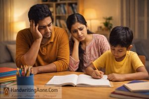 parents looking concerned while child writes homework in notebook