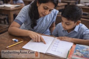 teacher guiding student to practice writing neatly in notebook to improve handwriting