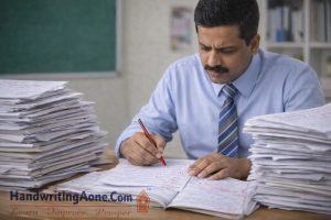 teacher checking multiple answer sheets and marking exam papers affected by handwriting clarity explained by HandwritingAone.Com
