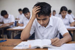 school student worried while writing exam answers due to exam fear and lack of confidence