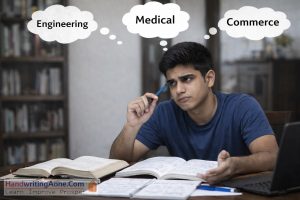 teenage student thinking about career options like engineering medical and commerce while studying