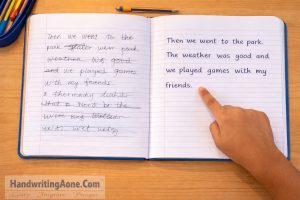 notebook showing messy handwriting compared with neat handwriting improvement example from HandwritingAone.Com