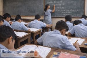 classroom full of students writing notes quickly during lesson showing handwriting speed pressure