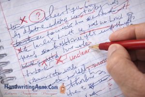 close up of messy handwriting corrections and unclear writing in notebook explained by HandwritingAone.Com