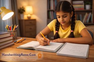 school student writing notes while studying to improve memory and concentration suggested by HandwritingAone.Com