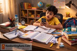 young student using smartphone while books and homework notebooks lie on desk